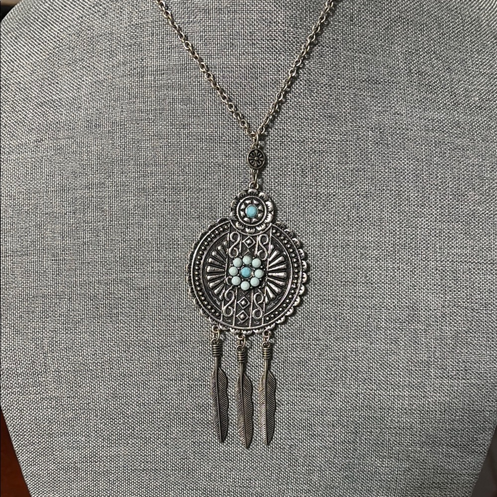 Ect! SilverTone and Faux Turquoise Dreamcatcher Necklace